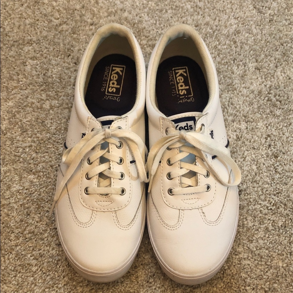 KEDS Women’s Leather Ortholite Sneakers White with Blue Stripe Size 9